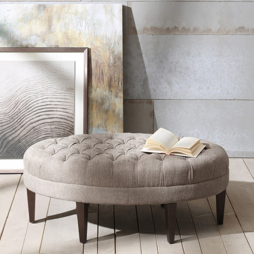 Grey Linen Look Oval Coffee Table Ottoman Bench