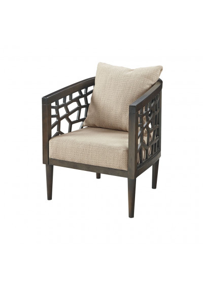 Cracked Design Dark Wood Accent Chair Grey Beige Fabric