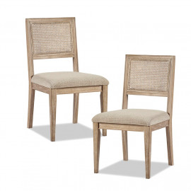 Light Wood Cane Insert Beige Fabric Dining Chair Set 2