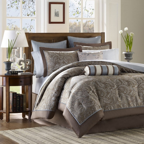 Brown & Soft Blue Comforter & Sheet Set 
