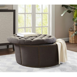 Charcoal Grey Tufted & Studded Round Storage Ottoman Footstool