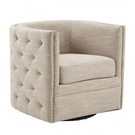 Cream Linen Color Button Tufted Square Swivel Chair 