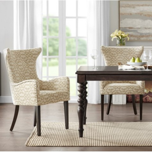 Tan & Cream Loop Design Fabric Dark Wood Leg Dining Chair Set 2