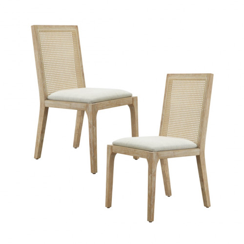 Light Wood Cane Rattan Back Natural Fabric Dining Chair Set 2