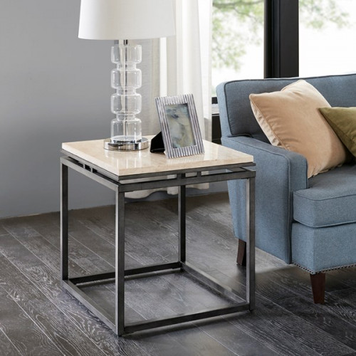 Cream Marble Dark Metal Square Accent Side Table