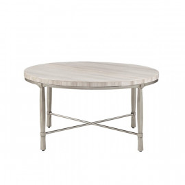 Silver Round Metal Cream Marble Coffee Table