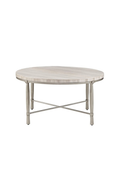 Silver Round Metal Cream Marble Coffee Table