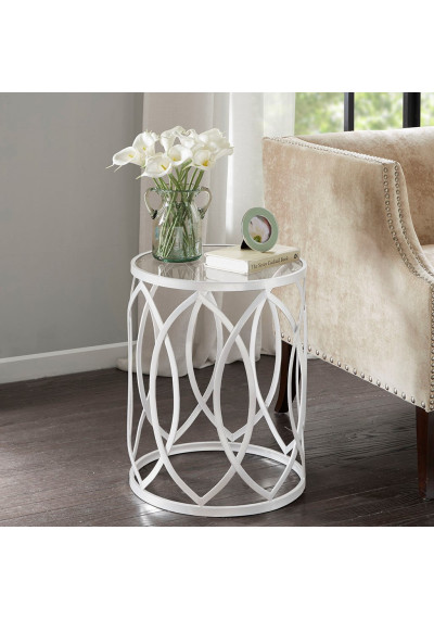 White Metal Eyelet Glass Top Accent End Table