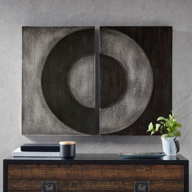 Black & Grey Circle Abstract 2 Piece Wood Box Wall Art