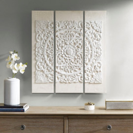 White Wood Mandala on White Canvas 3 Piece Wall Art