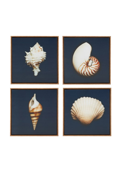 Shells on Deep Blue Canvas Framed Set of 4