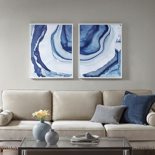 Agate Printed Design in Blues with White Frame Wall Art 