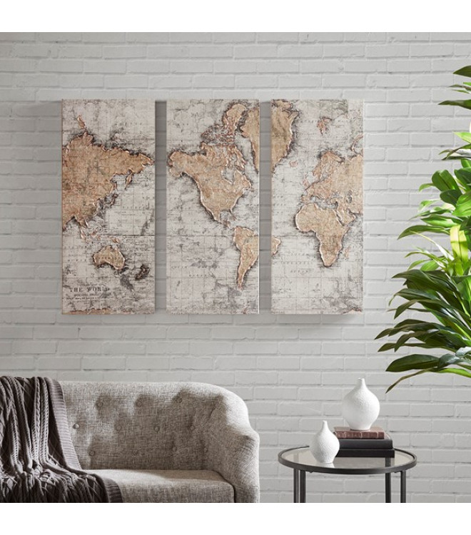 Textured Map Of The World Canvas Wall Art Set 3 - Living Room Wall Art Sets