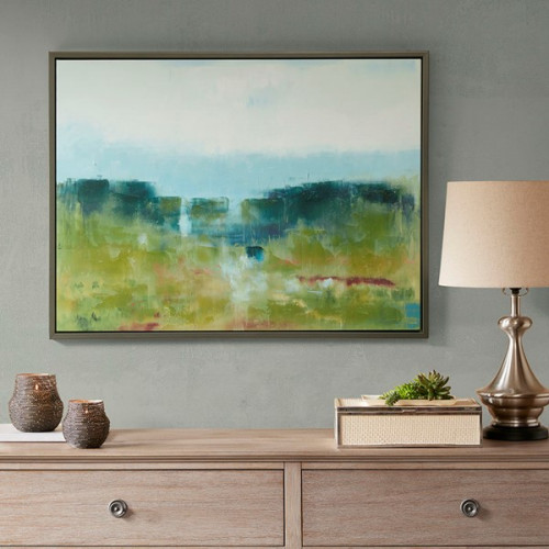 Impressionist Green Fields & Blue Sky Canvas in Frame