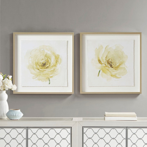 Light Yellow Ivory Rose Print Silver Frame Wall Art Set of 2