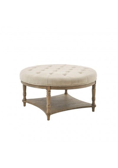 Round Natural Fabric Tufted Coffee Table Ottoman with Bottom Shelf