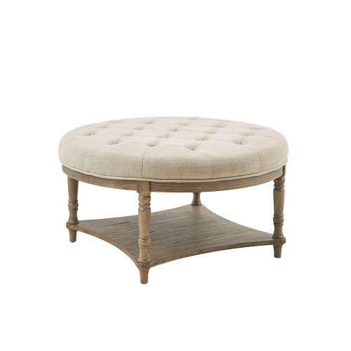 Round Natural Fabric Tufted Coffee Table Ottoman with Bottom Shelf