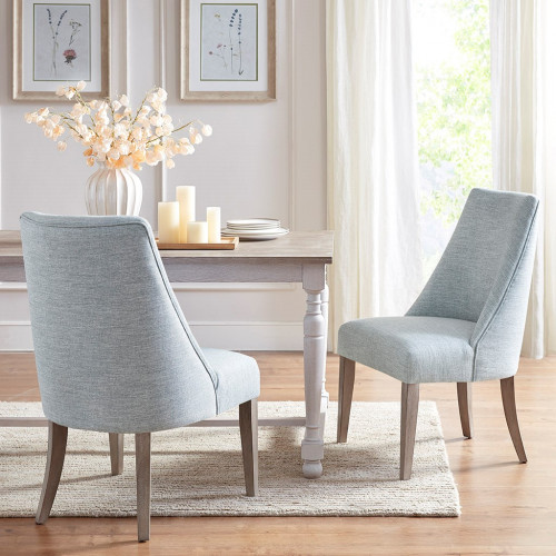 Light Blue Fabric Curved Back Sleek Dining Chairs Wood Legs - Set 2