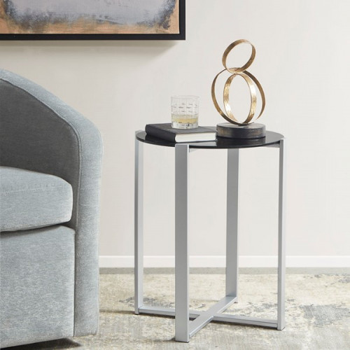 Black Glass Round Silver Metal Base Accent Side Table