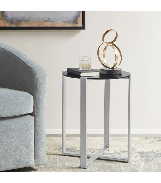 Black Glass Round Silver Metal Base, Round Black Glass Bedside Table