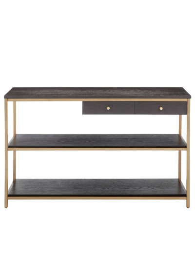 Dark Morroco Wood and Gold Metal Three Shelf Console Table