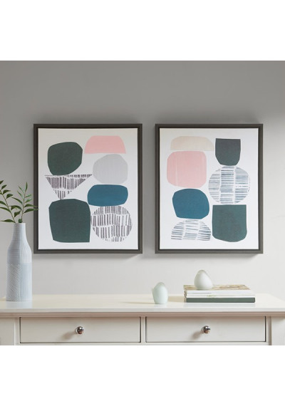 Blue Pink Grey Abstract Stones Wall Art - Set of 2