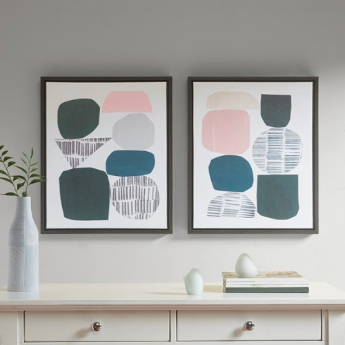 Blue Pink Grey Abstract Stones Wall Art - Set of 2