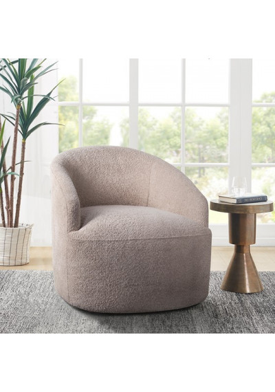 Beige Boucle Barrel Shaped Swivel Accent Chair