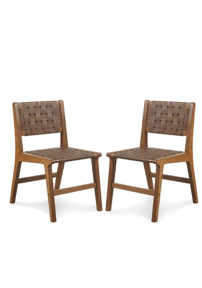 Woven Faux Leather and Wood Dining Chair Set 2