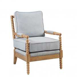 Light Blue Grey Fabric & Blonde Wood Spindle Lounge Chair