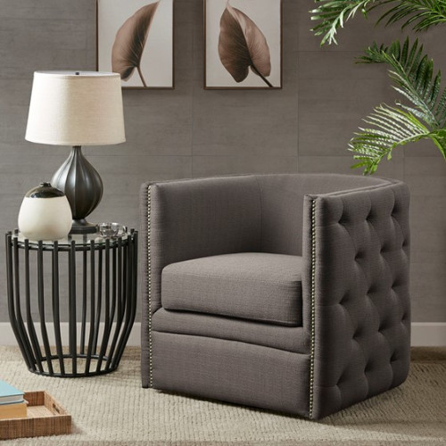 Dark Grey Button Tufted Square Swivel Chair 