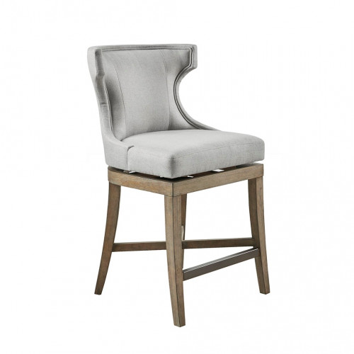 Elegant Light Grey Fabric Light Wood Swivel Seat Counter Stool Set 2