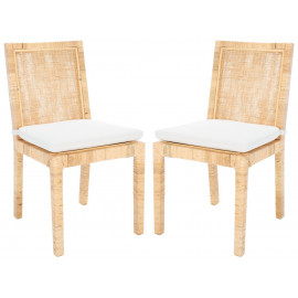 Natural Cane Rattan Frame Soft White Cushion Dining Chair Set 2
