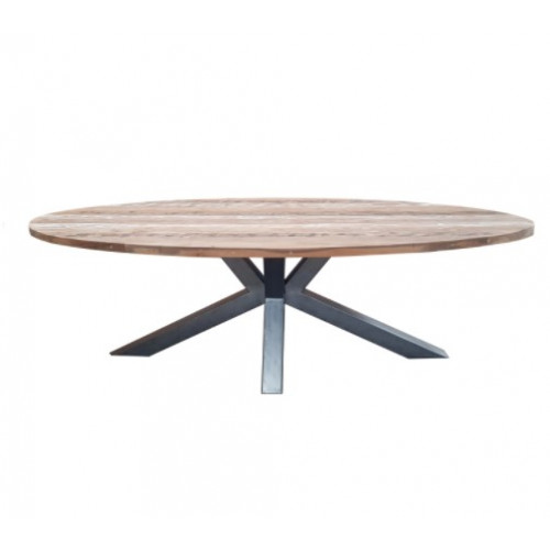 Reclaimed Teak Wood Oval Industrial Metal Legs Dining Table