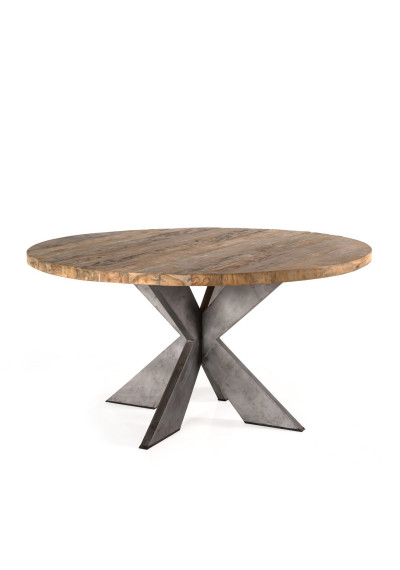Reclaimed Teak Wood Round Industrial Metal Legs Dining Table