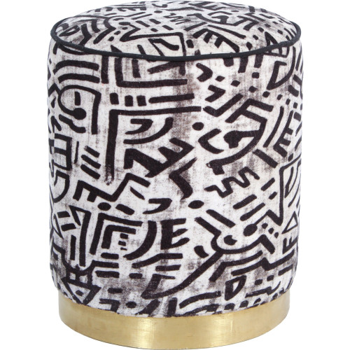 Abstract Black & White Round Velvet Ottoman Footstool Piping Brass Base