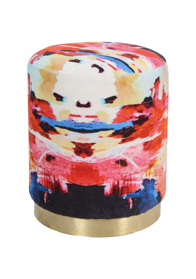 Abstract Bright Colors Round Velvet Ottoman Footstool Brass Base