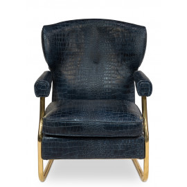 Blue Leather Croc Print Gold Accent Living Room Chair