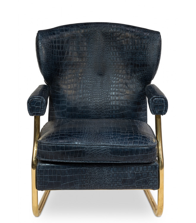 Blue Leather Croc Print Gold Accent, Blue Leather Accent Chair Living Room