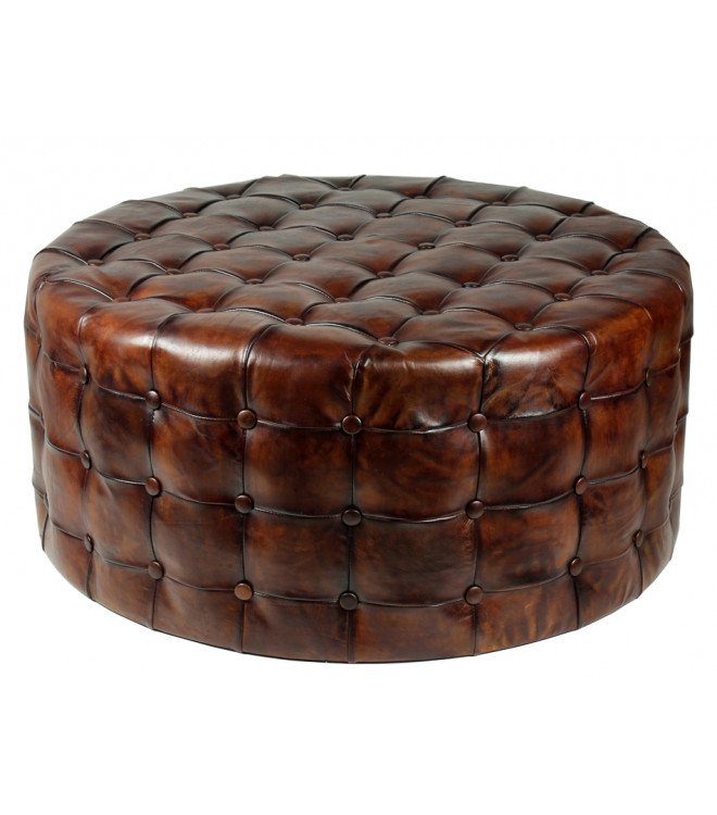 Antique Brown Leather Round On, Leather Coffee Table Ottomans
