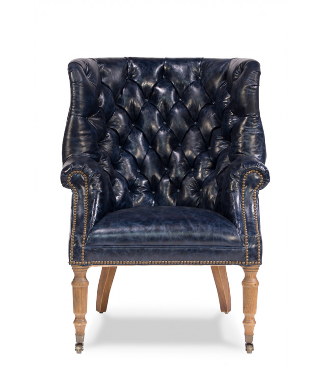 Navy Blue Tufted Leather Library Chair, Leather Library Club Chairs