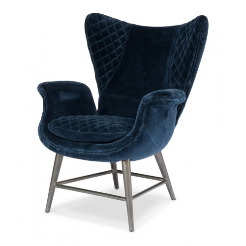 Blue Quilted Velvet Wing Arm Chair