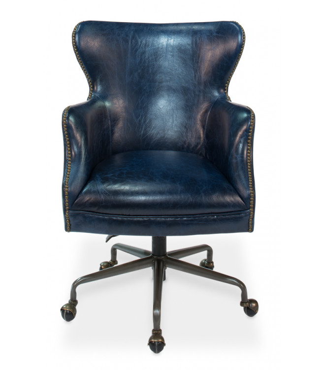 Blue Leather Desk Chair On Casters, Leather Office Desk Chair With Wheels