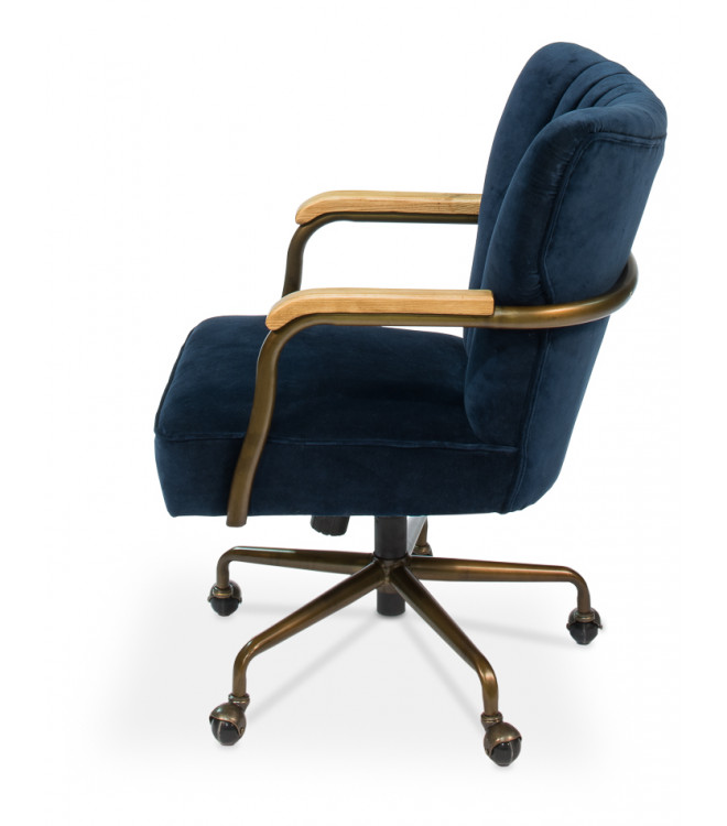 Blue Velvet Swivel Office Chair On Casters, Blue Desk Chair With Wheels