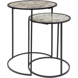 Black Iron Marbled Glass Round Top Nesting Side Accent Tables