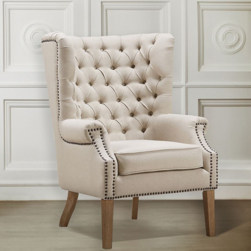 Beige Linen Tufted Wing Chair