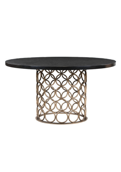 Handmade Dark Wood Round Dining Table Brass Circles Design Base