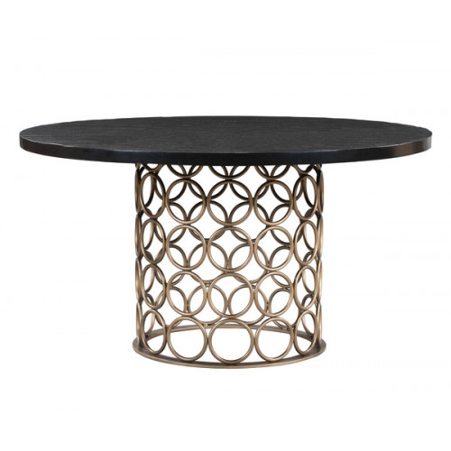 Handmade Dark Wood Round Dining Table Brass Circles Design Base