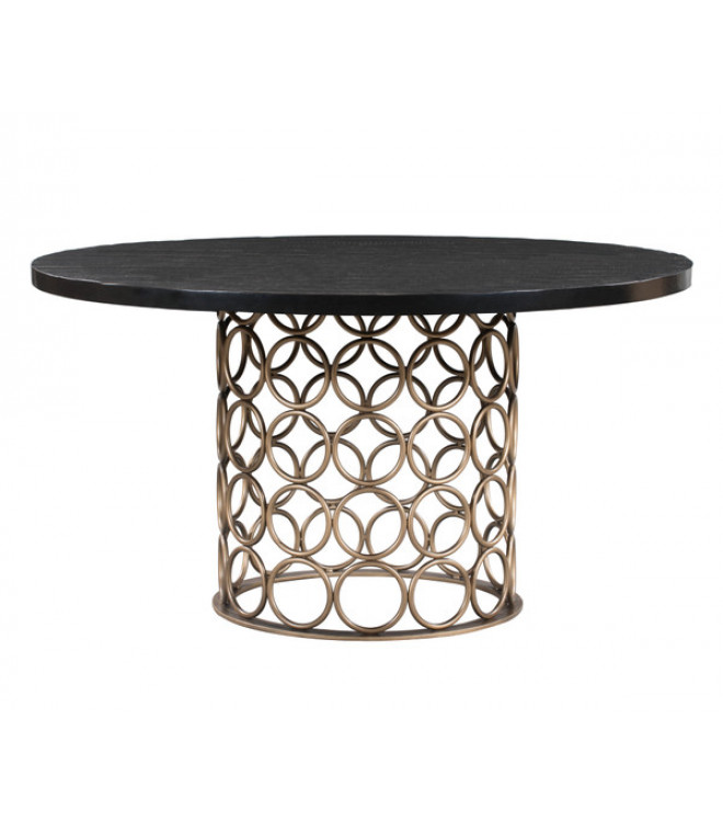 Handmade Dark Wood Round Dining Table, Brass Base Round Dining Table