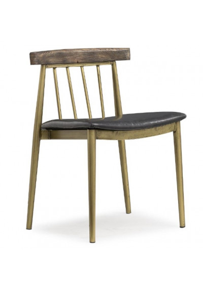 Dining Chair with Brass Colored Pine and Dark Brown SeatSet 2